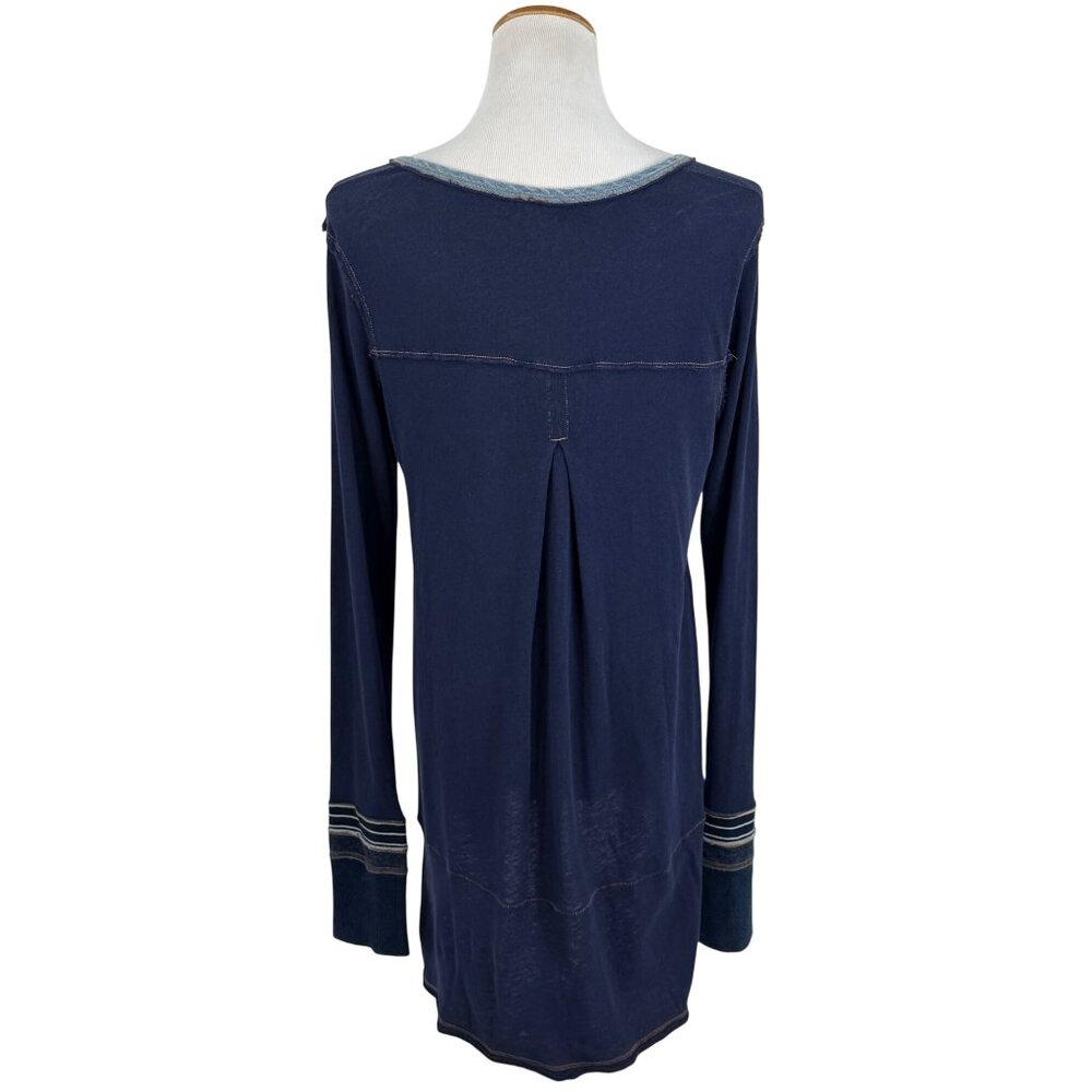 Free People Blue Slouchy Exposed Stitch Embellished Henley Top | Boho Grunge S - Picture 8 of 16